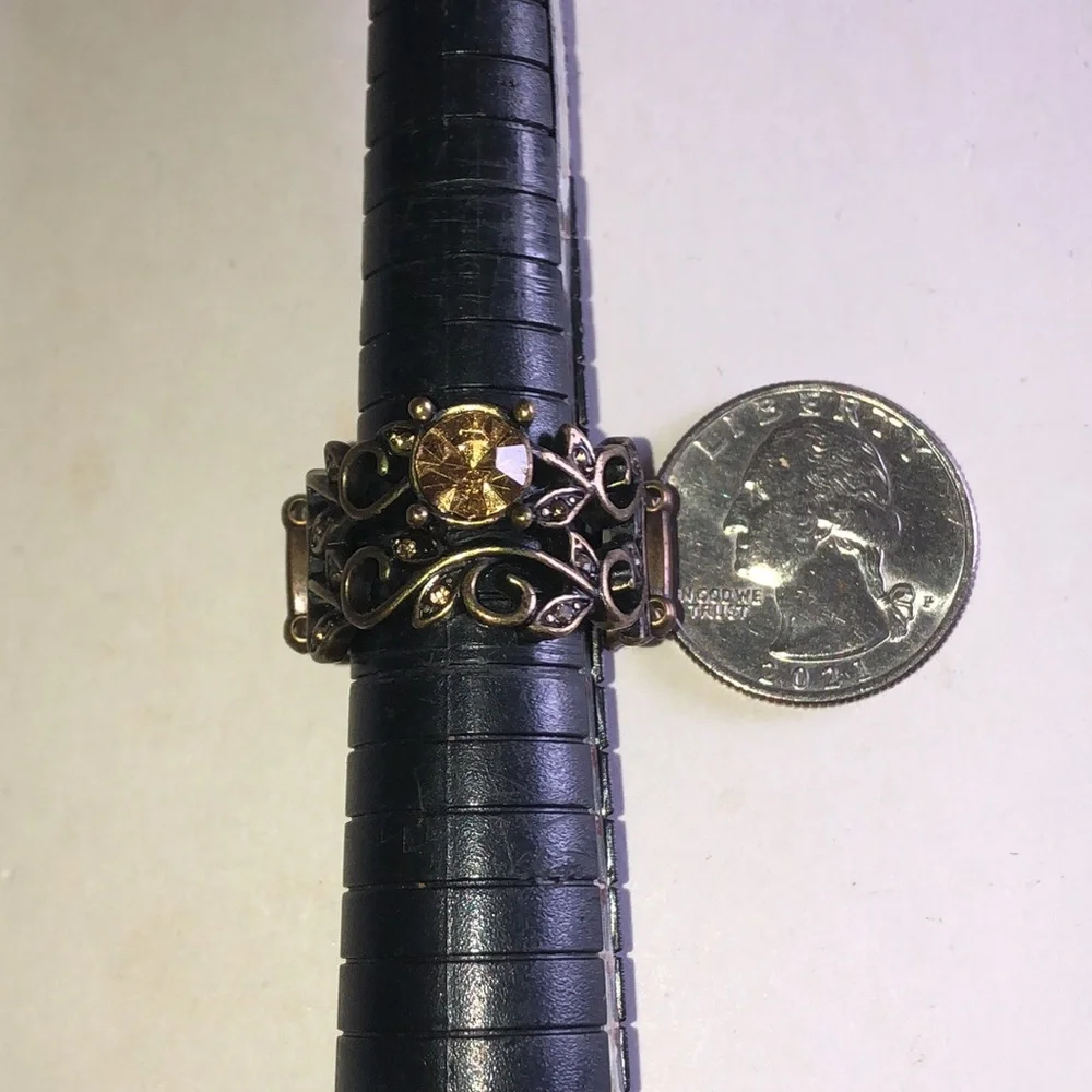 Antique Gold Tone Brass Tone Floral Filigree Stretch Ring with Amber Rhinestone